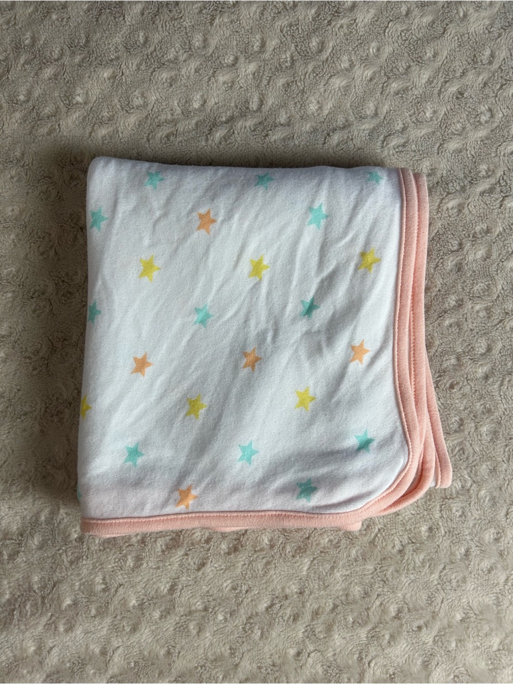 Amazon Essentials Star Print Baby Blanket Peach Edge Trim White Yellow Orange